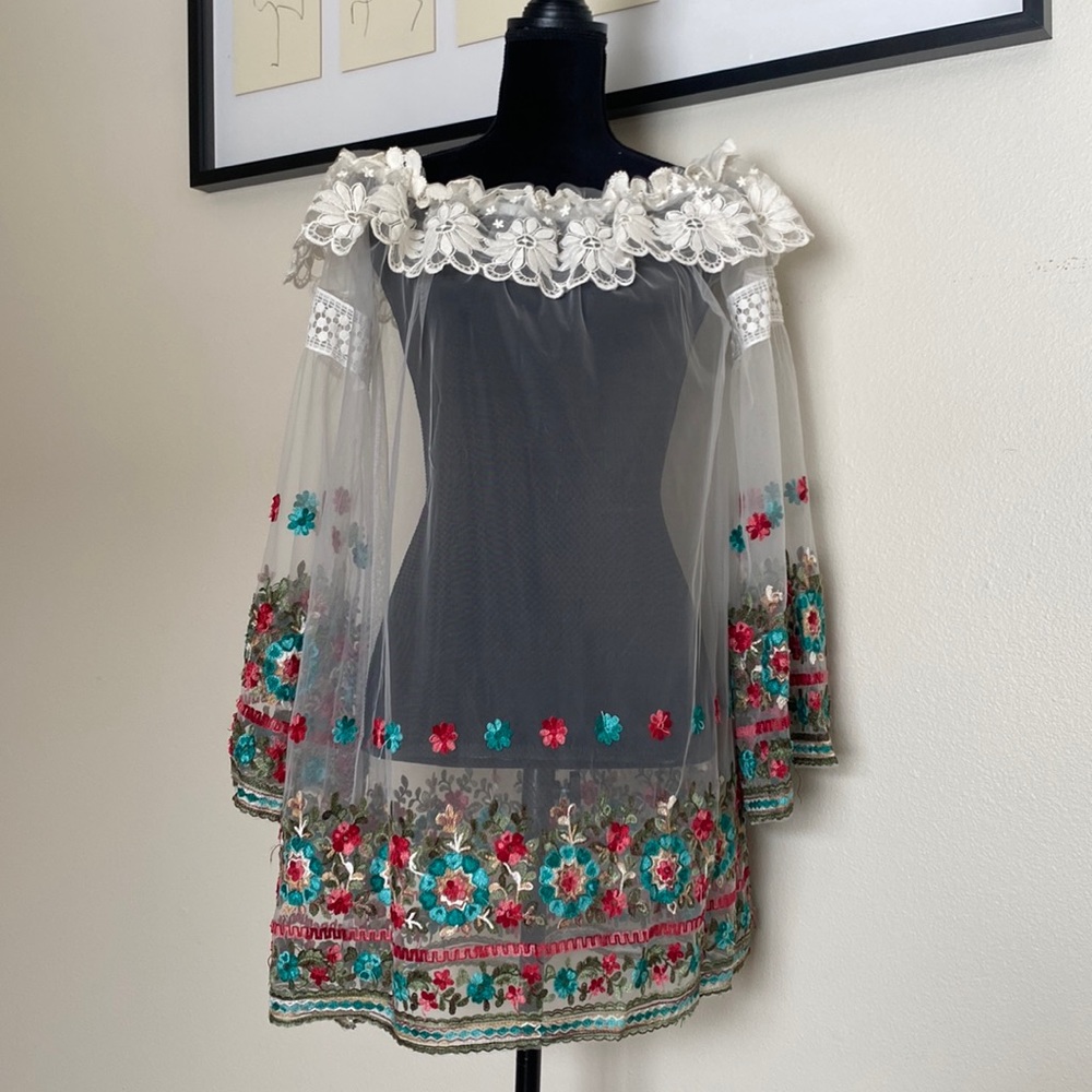 Monaco white sheer dress with embroidered trim